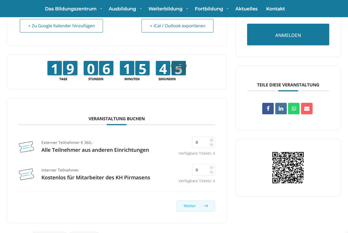 Buchungsbereich eines Kurses mit Countdown, Kalender-Export und zwei Ticketarten für externe und interne Teilnehmer