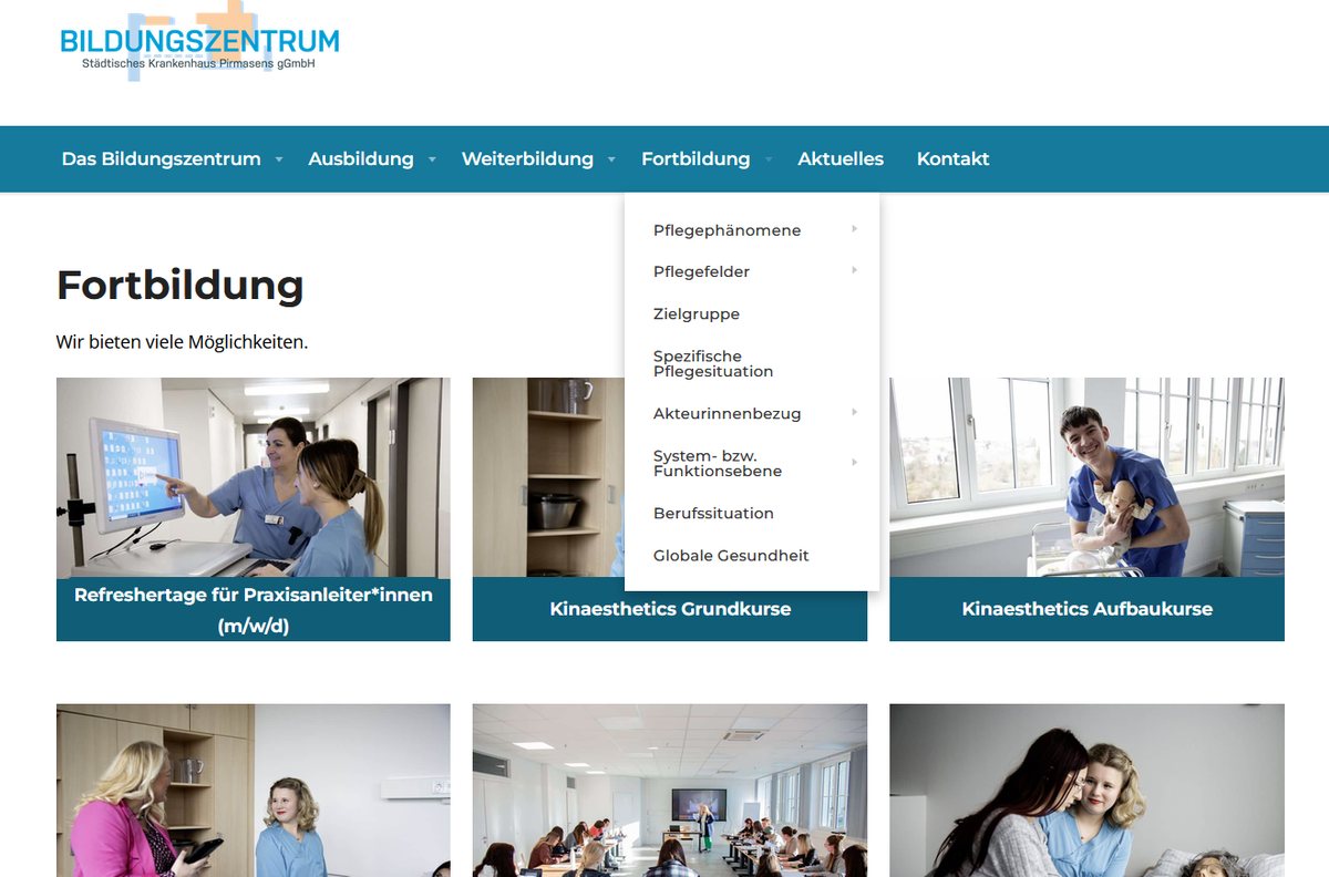 Fortbildungsseite mit aufgeklapptem Menü nach Themenfeldern und Kacheln zu Refreshertagen und Kinaesthetics-Kursen