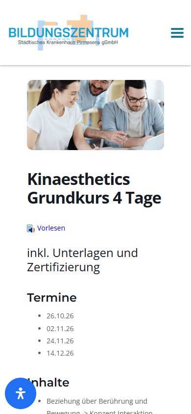 Mobile Kursseite Kinaesthetics Grundkurs mit vier Terminen