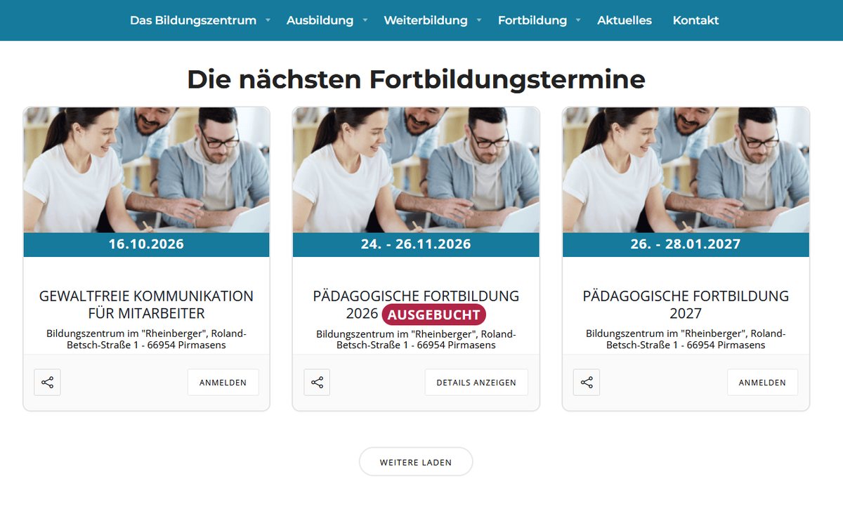 Die nächsten Fortbildungstermine als Karten mit Datum, Ort und Anmelde-Button, ein Kurs als ausgebucht markiert