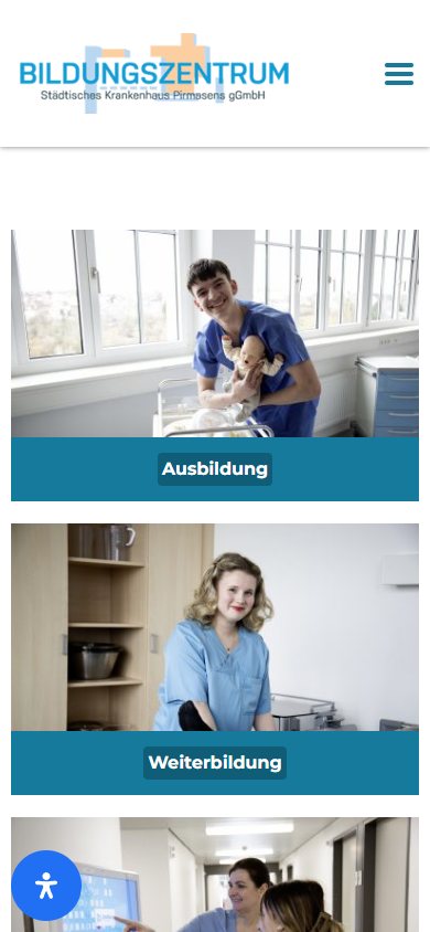 Mobile Startseite mit Bildkacheln zu Ausbildung und Weiterbildung