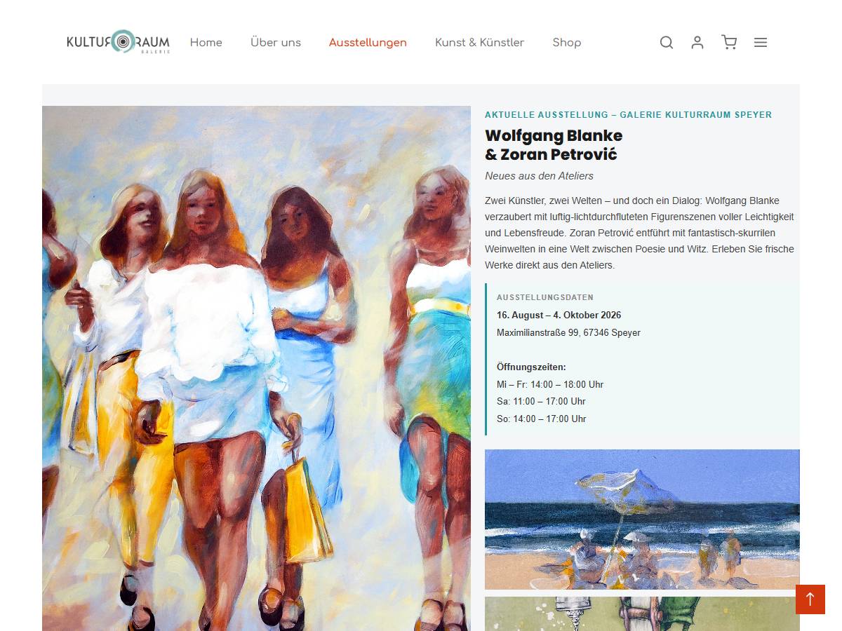 Ausstellungsseite mit großem Gemälde, Ausstellungsdaten, Adresse und Öffnungszeiten der Galerie