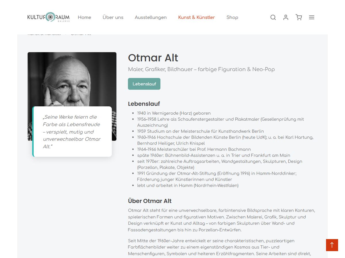 Künstlerseite von Otmar Alt mit Porträt, Zitat, Lebenslauf und Text über das Werk