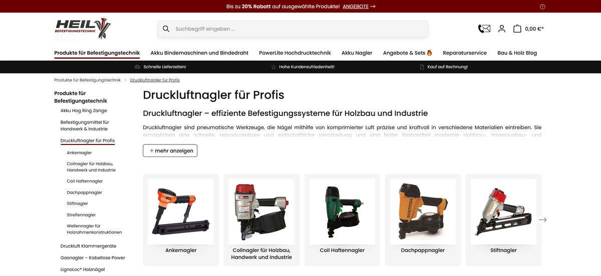 Kategorie Druckluftnagler für Profis mit Einführungstext, Unterkategorien und Gerätebildern