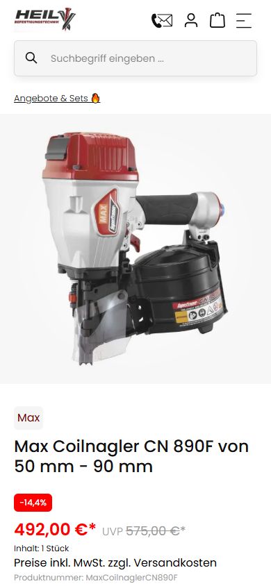 Mobile Produktseite eines Coilnaglers mit Preis und Preisempfehlung