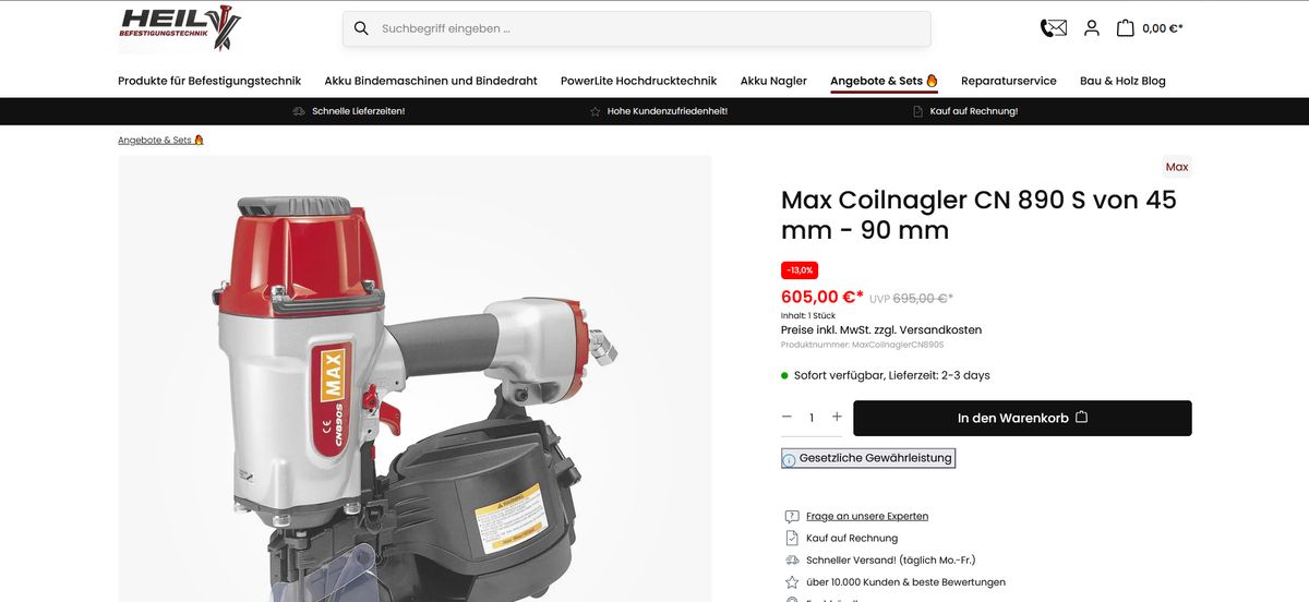 Produktseite eines Max-Coilnaglers mit Preis, unverbindlicher Preisempfehlung, Lieferzeit und Frage an Experten