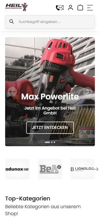 Mobile Startseite mit Slider und Herstellerlogos