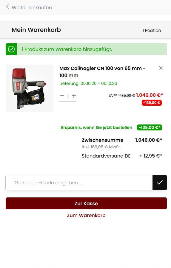 Warenkorb mit Coilnagler, durchgestrichener Preisempfehlung und angezeigter Ersparnis
