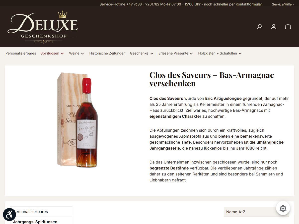 Kategorieseite im Geschenkshop Deluxe mit Bild und Geschichte der Armagnac-Marke Clos des Saveurs