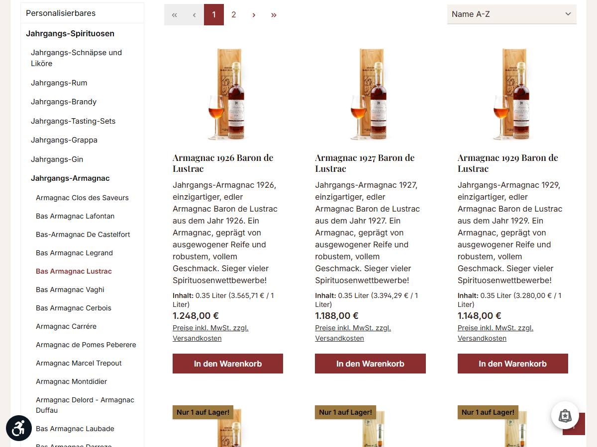 Produktliste Bas Armagnac Lustrac mit Jahrgängen, Inhalt, Grundpreis und Warenkorb-Button