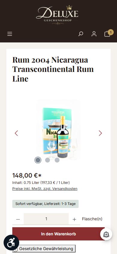Mobile Produktseite eines Rums von 2004 mit Preis, Grundpreis, Lieferzeit und Warenkorb-Button