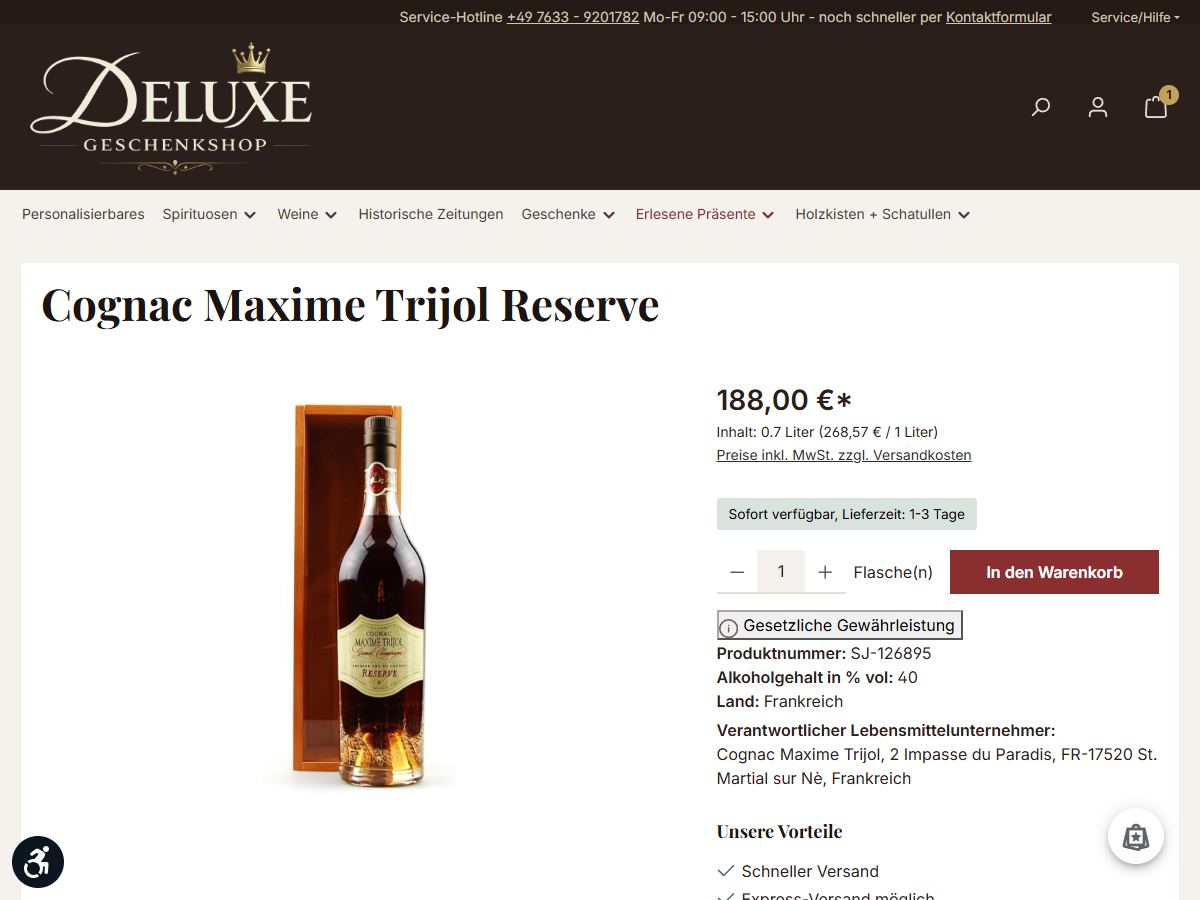 Produktseite eines Cognacs mit Grundpreis, Lieferzeit, Hinweis zur gesetzlichen Gewährleistung und Lebensmittelunternehmer