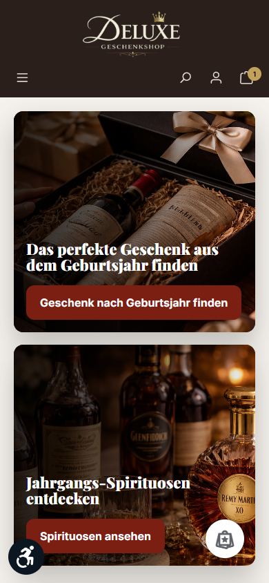 Mobile Startseite des Geschenkshop Deluxe mit Einstiegen zum Geschenk aus dem Geburtsjahr und zu Jahrgangsspirituosen