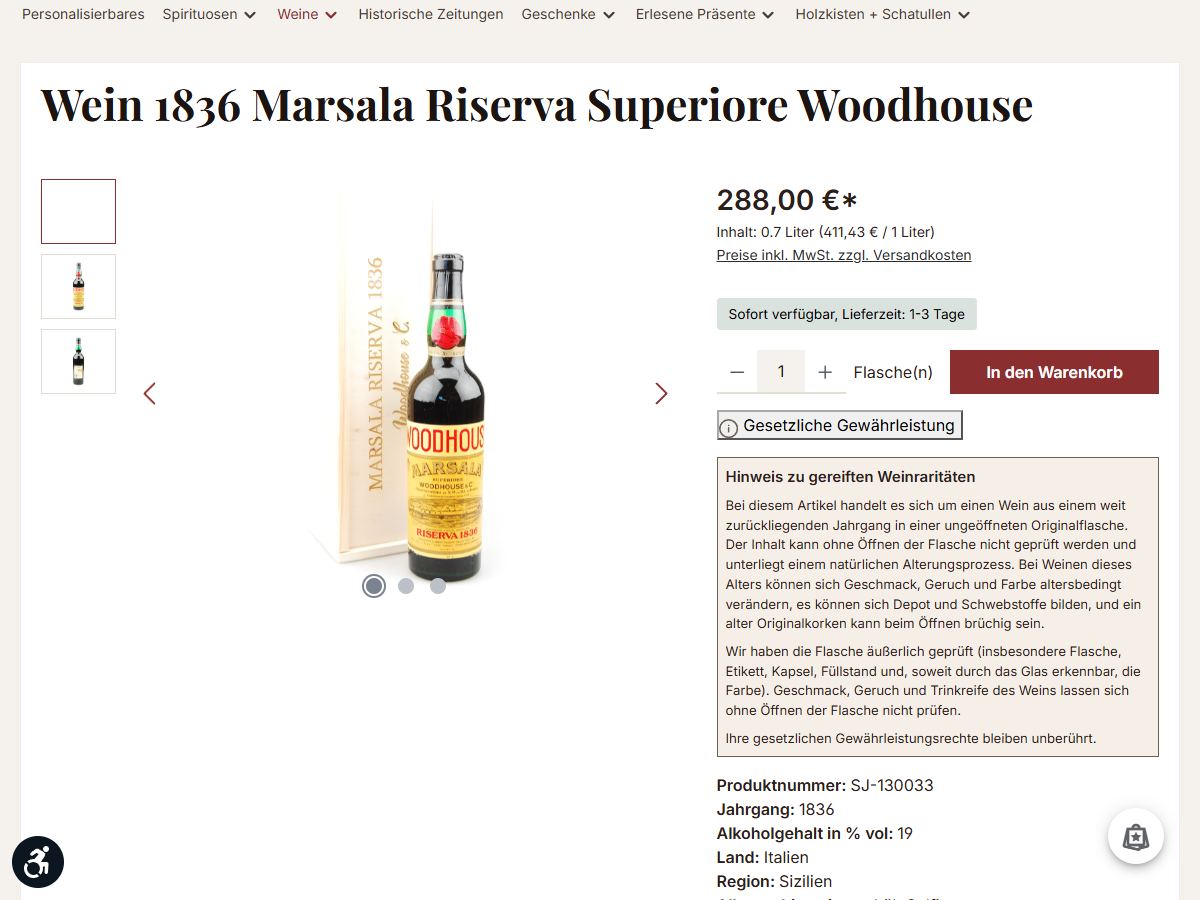 Produktseite eines Jahrgangsweins mit Hinweis zu gereiften Weinraritäten unter dem Warenkorb-Button
