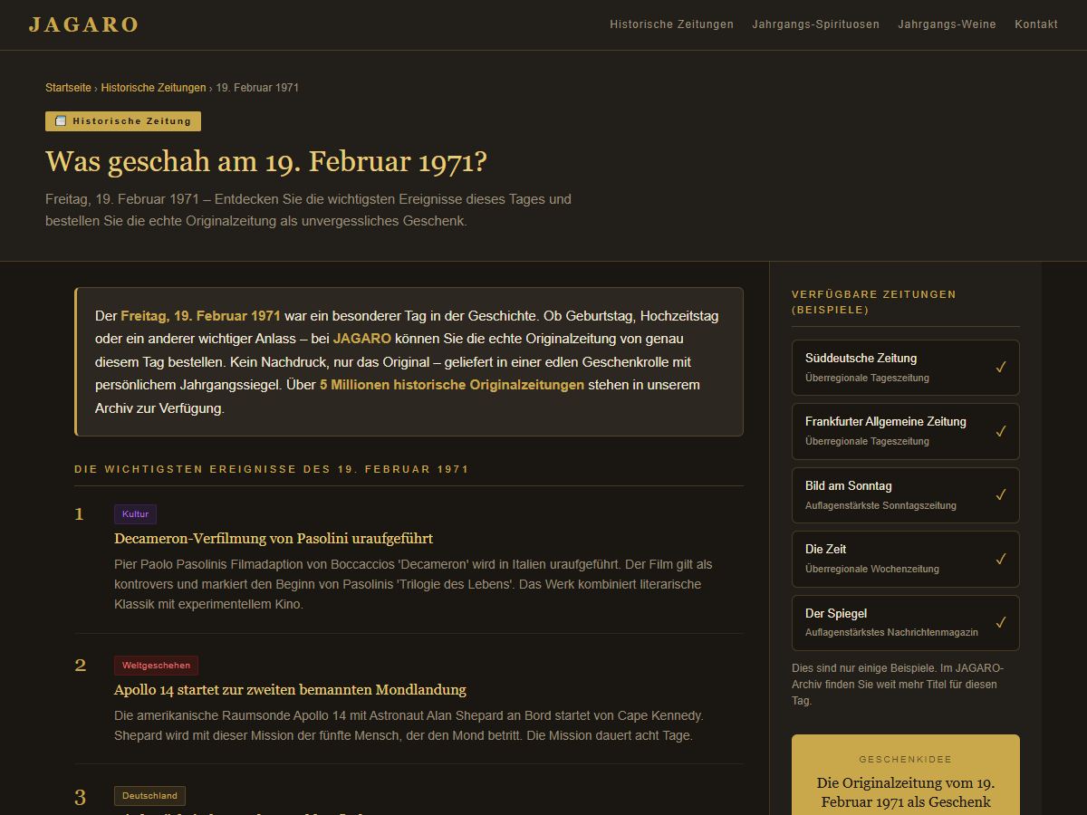 Zeitungsarchiv von Jagaro: Seite zum 19. Februar 1971 mit den wichtigsten Ereignissen des Tages und verfügbaren Zeitungen