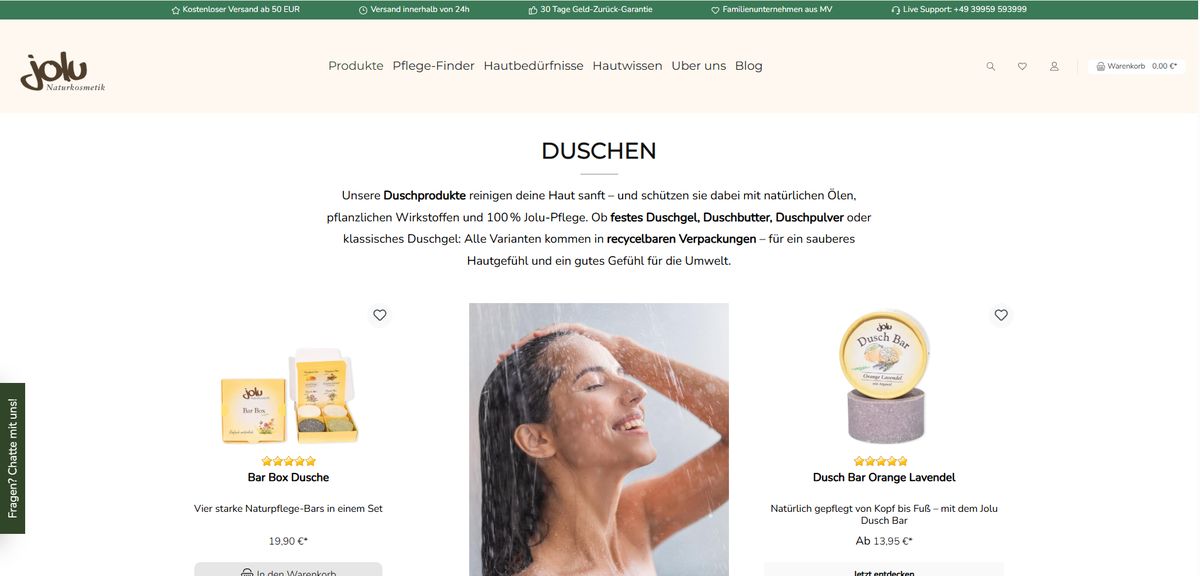 Kategorie Duschen mit Einführungstext, Produktkacheln und einem großen Stimmungsbild zwischen den Produkten