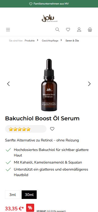 Mobile Produktseite eines Öl-Serums mit Größenauswahl und reduziertem Preis