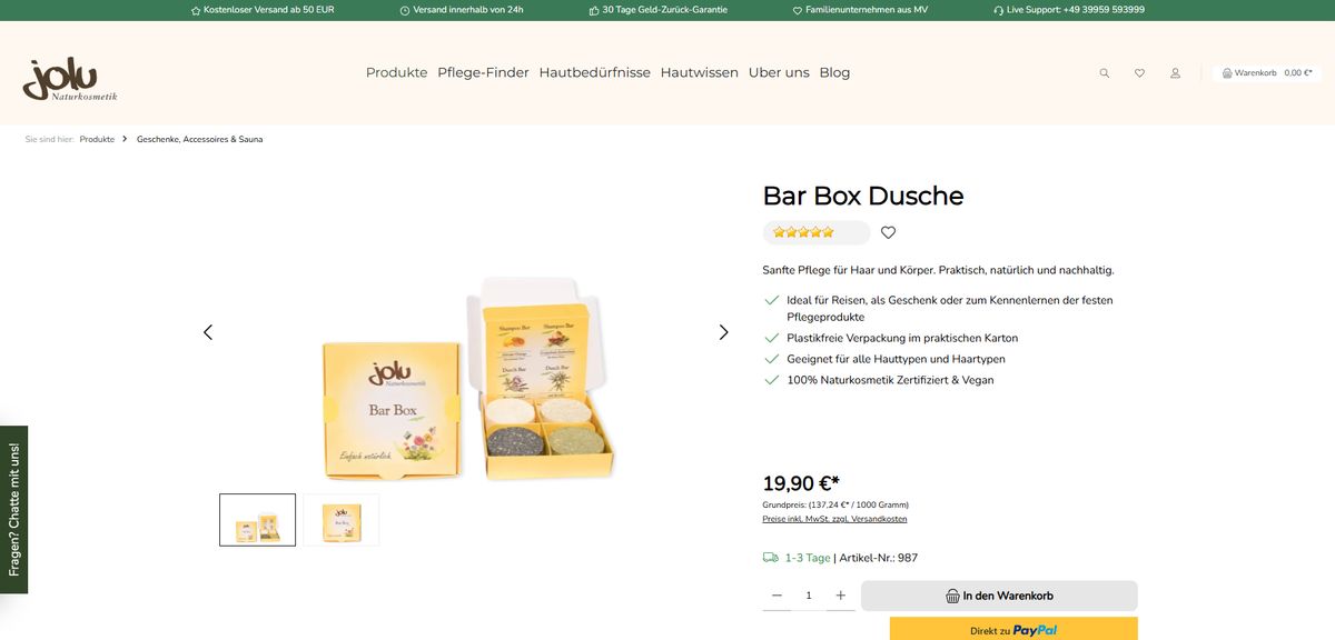 Produktseite Bar Box Dusche mit Vorteilen als Liste, Preis, Grundpreis und PayPal-Express-Button