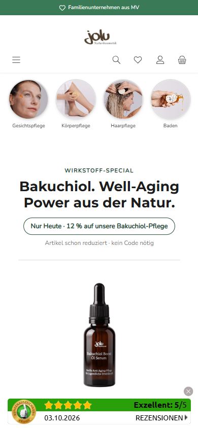 Mobile Startseite von Jolu mit runden Kategorie-Kacheln und Wirkstoff-Special