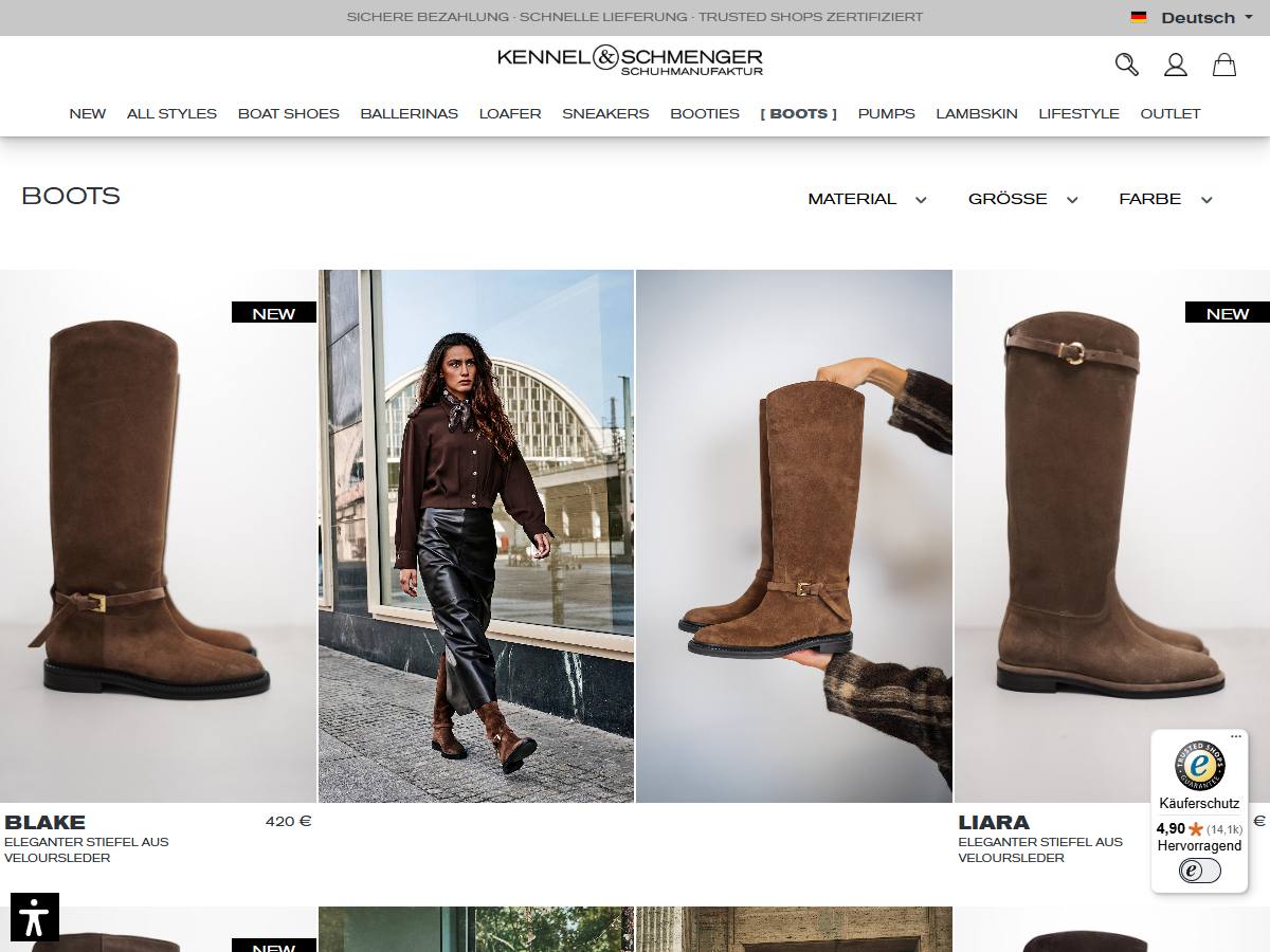 Kategorieseite Boots mit Filtern für Material, Größe und Farbe sowie Produkt- und Kampagnenbildern