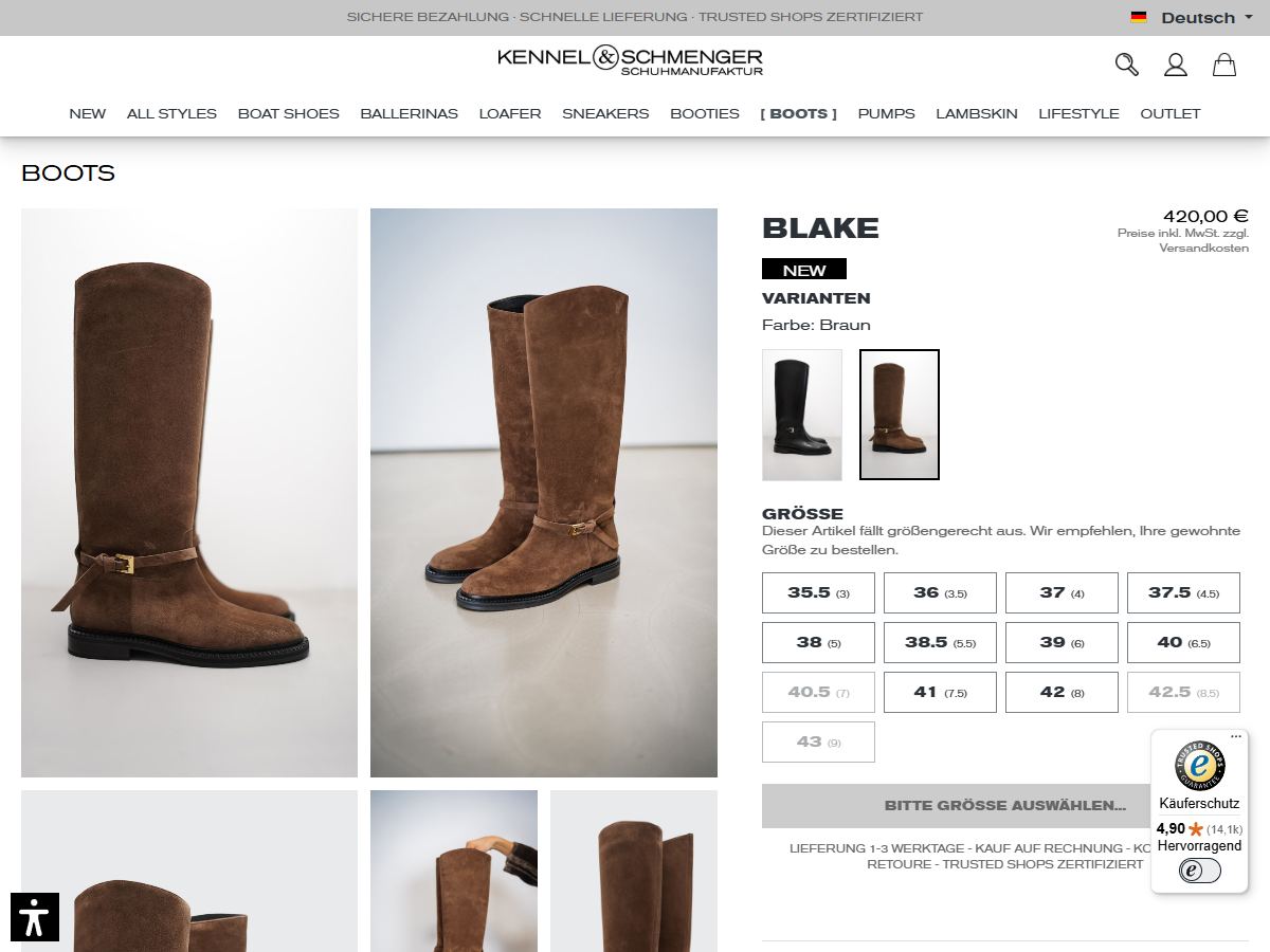 Produktseite des Stiefels Blake mit Farbvarianten und Größenauswahl