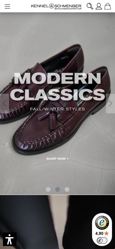 Mobile Startseite von Kennel & Schmenger mit Kampagne Modern Classics