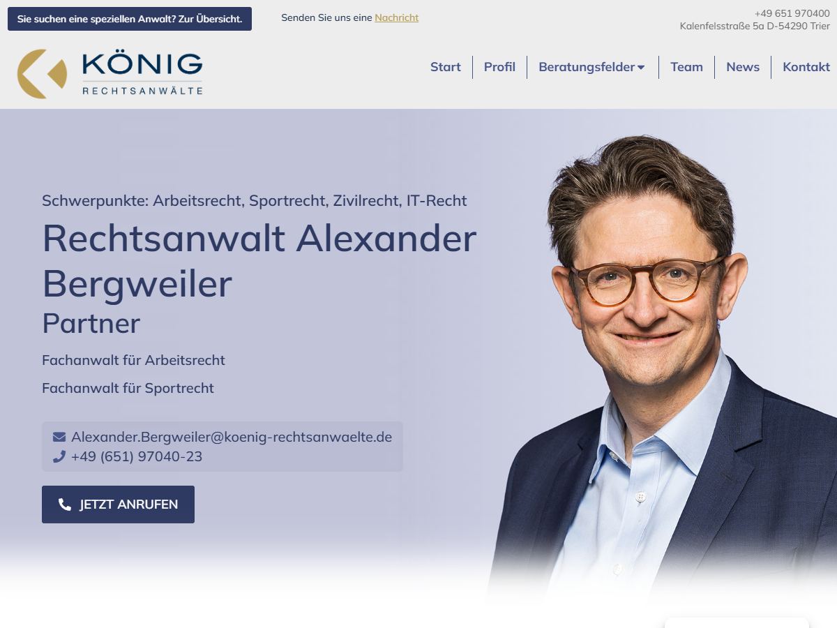 Anwaltsprofil mit Schwerpunkten, Fachanwaltstiteln, direkter E-Mail, Durchwahl und Anruf-Button