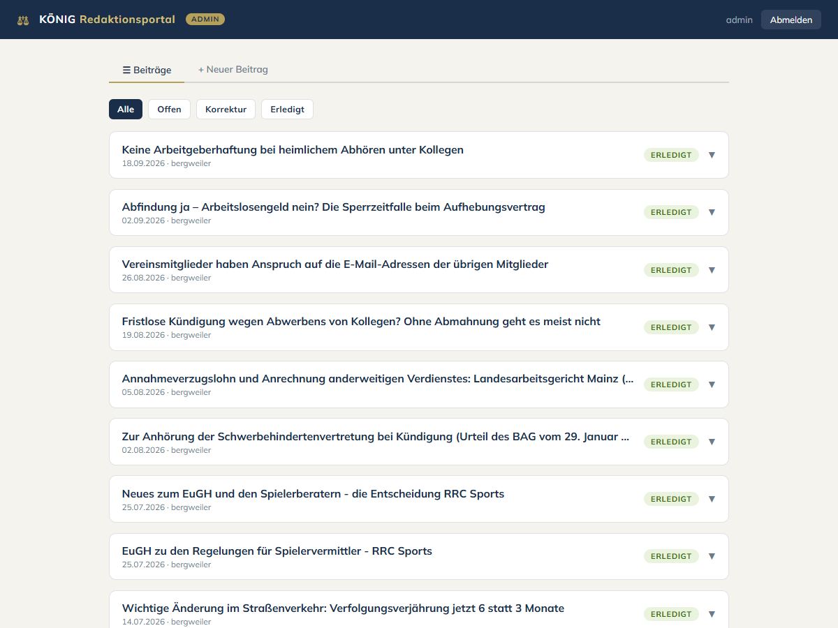 Redaktionsportal mit Liste der eingereichten Beiträge und Status-Filtern Offen, Korrektur und Erledigt