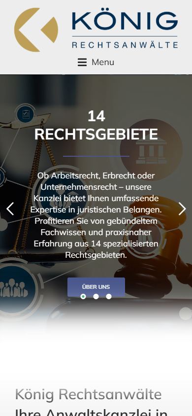 Mobile Startseite von König Rechtsanwälte mit Slider zu den vierzehn Rechtsgebieten