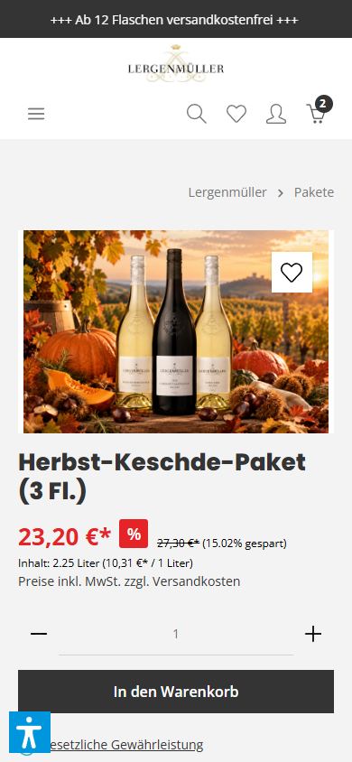Mobile Produktseite eines Weinpakets mit reduziertem Preis und Grundpreis