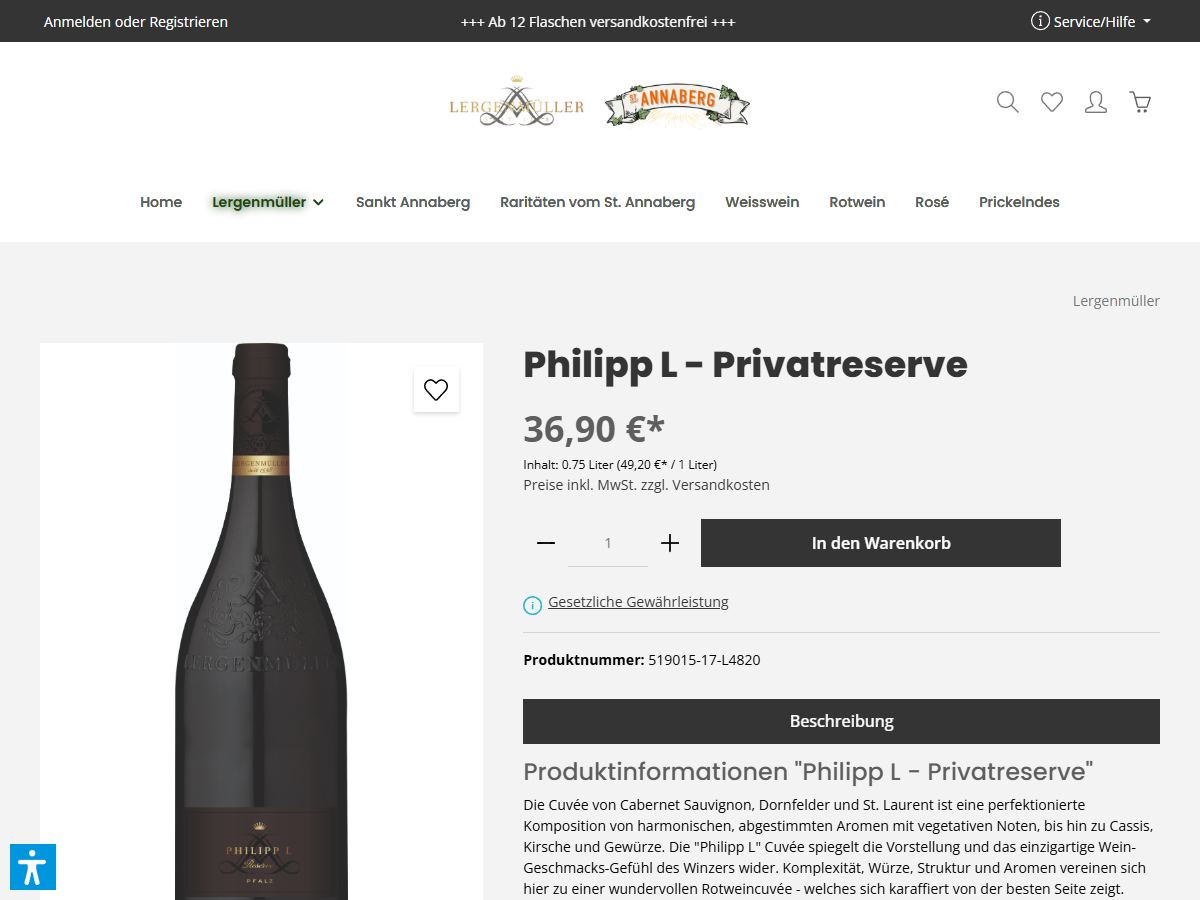 Produktseite des Rotweins Philipp L Privatreserve mit Preis, Grundpreis und Warenkorb-Button