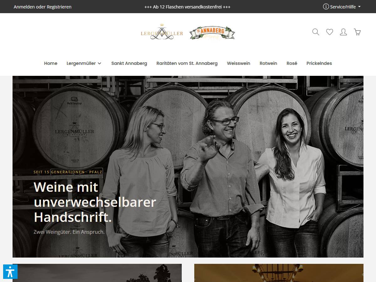 Startseite des Shops mit den Logos von Lergenmüller und Sankt Annaberg und einem Familienfoto im Fasskeller