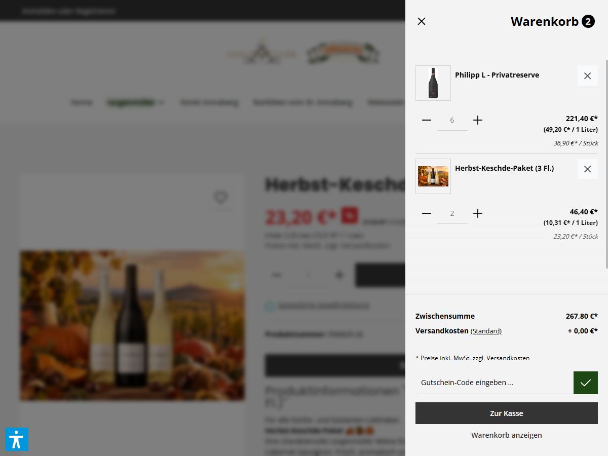 Warenkorb mit sechs Flaschen und zwei Dreierpaketen, Versandkosten 0,00 Euro