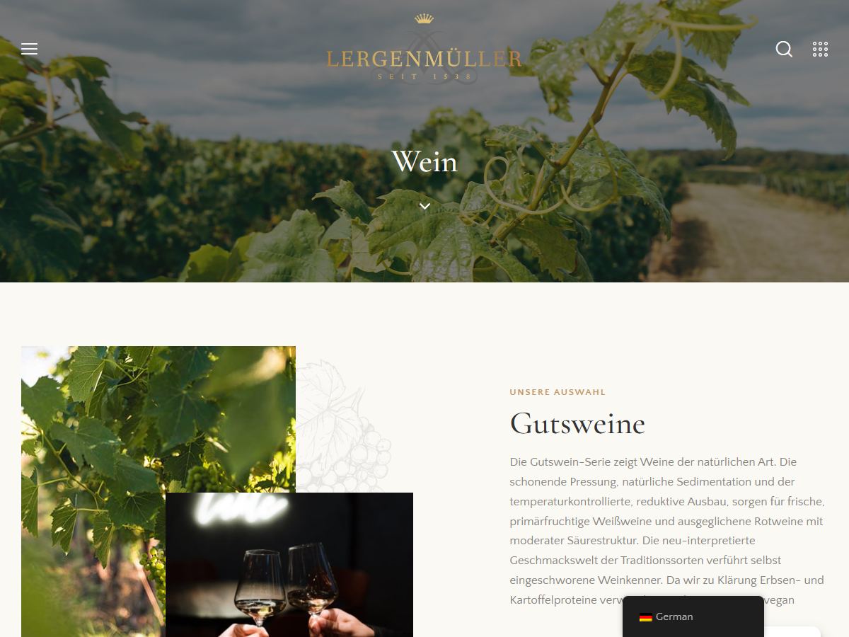 Weinseite der Website mit großem Weinbergbild und Vorstellung der Gutsweine