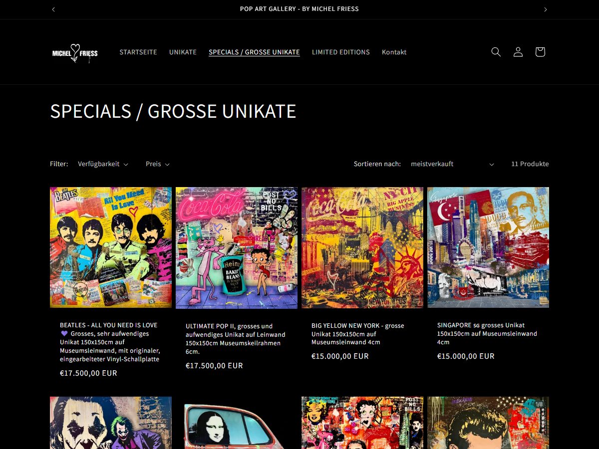 Kategorie Specials und große Unikate mit vier großformatigen Pop-Art-Werken, Filtern und Preisen