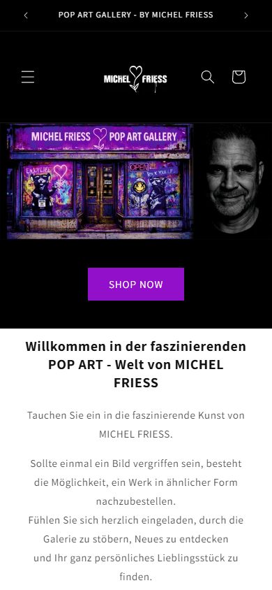 Mobile Startseite mit Galerie-Schaufenster, Porträt von Michel Friess und Begrüßungstext
