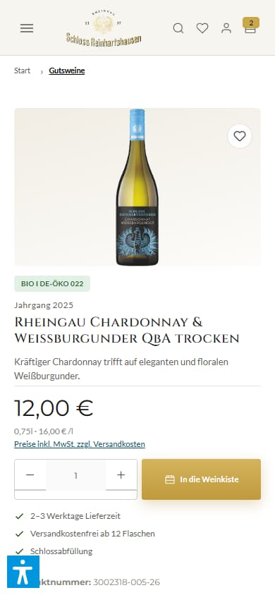 Mobile Produktseite eines Rheingau Chardonnay mit Preis und Button In die Weinkiste