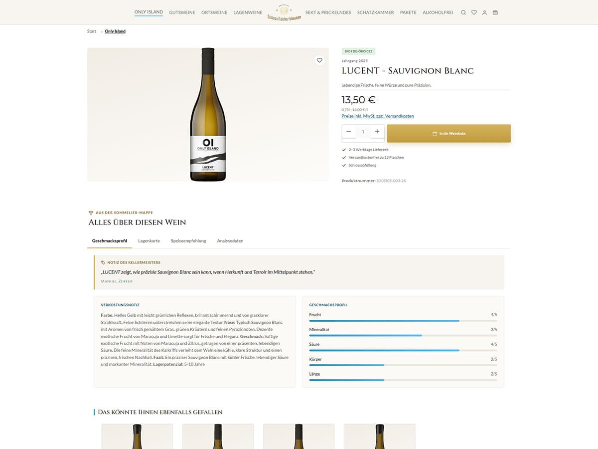 Produktseite des Weins LUCENT Sauvignon Blanc mit Bio-Kennzeichnung, Preis und Button In die Weinkiste