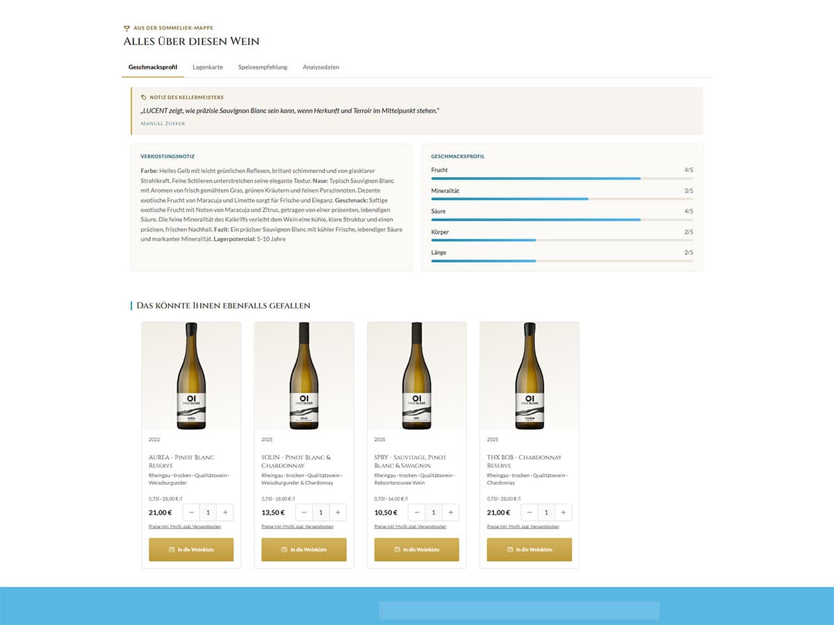 Sommelier-Mappe mit Notiz des Kellermeisters, Verkostungsnotiz und Geschmacksprofil als Balkendiagramm