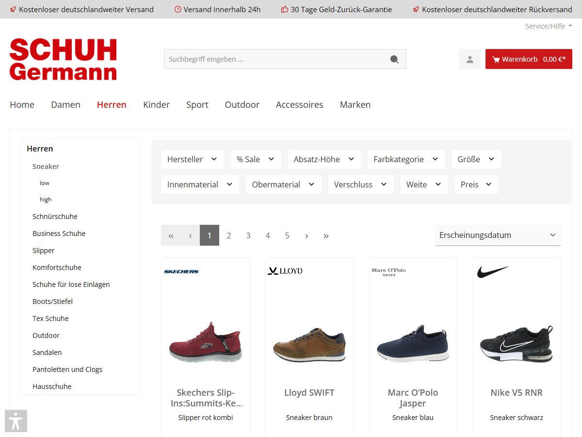 Kategorie Herren-Sneaker mit zehn Filtern von Hersteller bis Weite und Produktkacheln mit Markenlogos