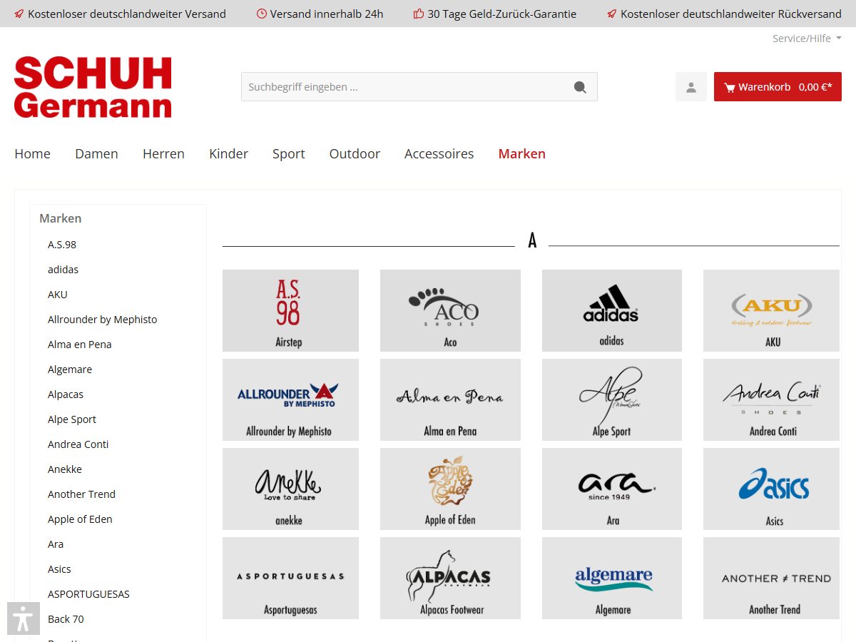 Markenübersicht mit alphabetischer Liste und Logokacheln von A.S.98 bis Another Trend