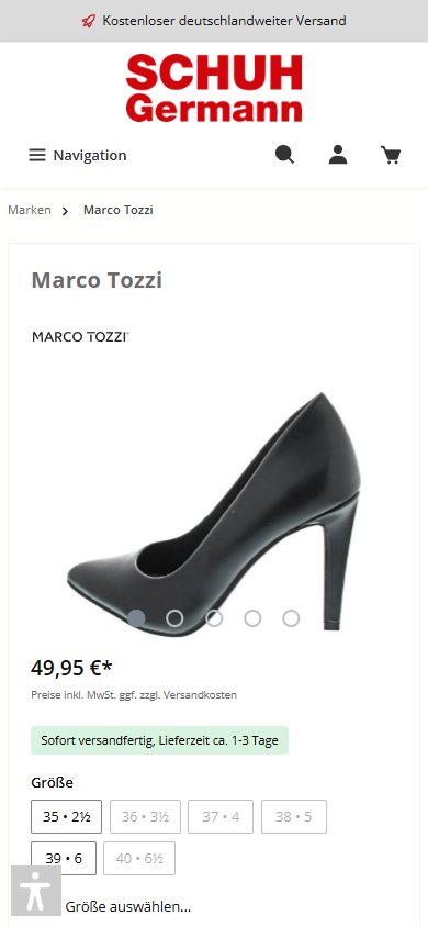 Mobile Produktseite eines Marco-Tozzi-Pumps mit Preis, Lieferzeit und Größenauswahl