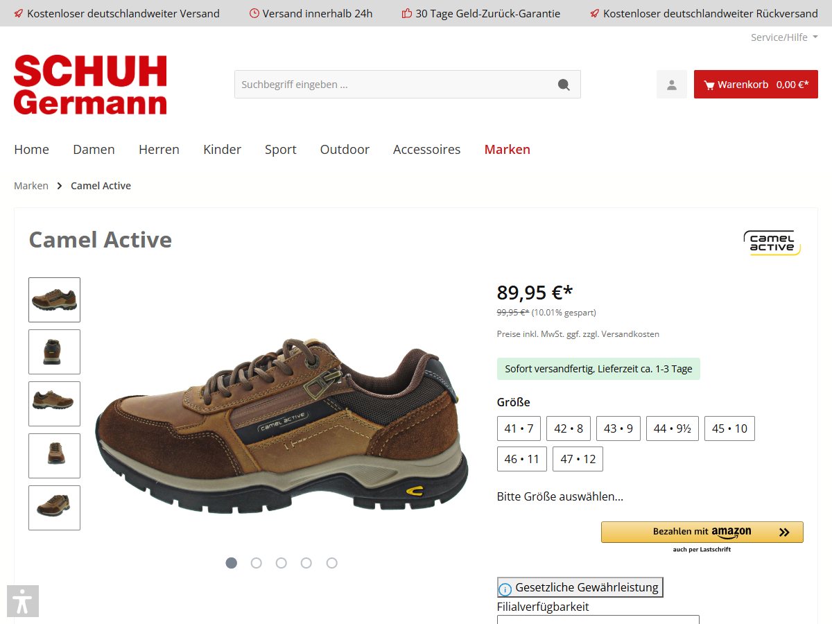 Produktseite eines Camel-Active-Schuhs mit Preis, Lieferzeit, Größenauswahl in EU- und UK-Größen, Amazon Pay und Filialverfügbarkeit