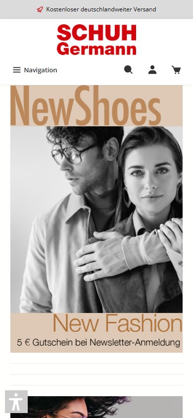 Mobile Startseite von Schuh Germann mit Kampagnenbanner New Shoes und Newsletter-Gutschein
