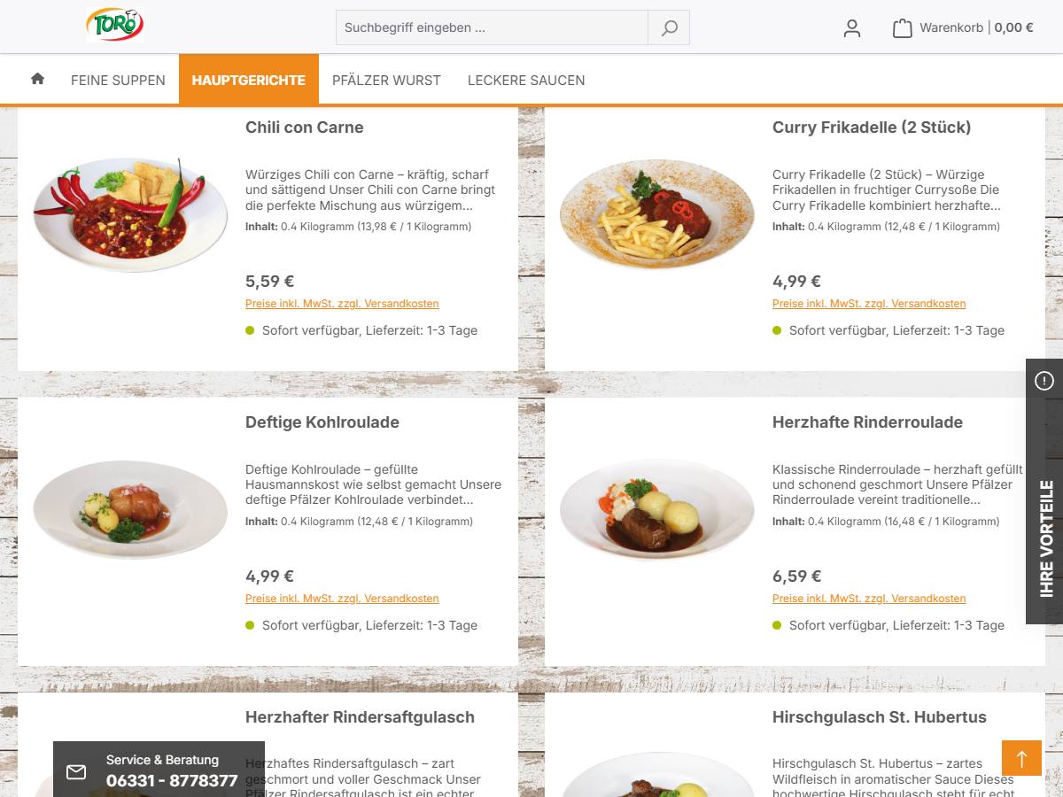 Kategorie Hauptgerichte mit Tellerbildern von Chili con Carne, Curry Frikadelle, Kohlroulade und Rinderroulade