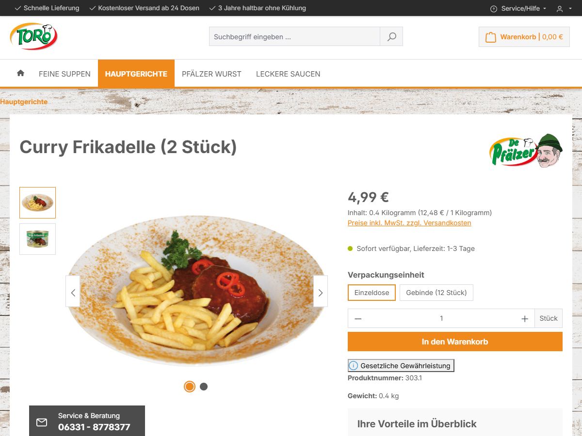Produktseite Curry Frikadelle mit Auswahl der Verpackungseinheit Einzeldose oder Gebinde mit 12 Stück