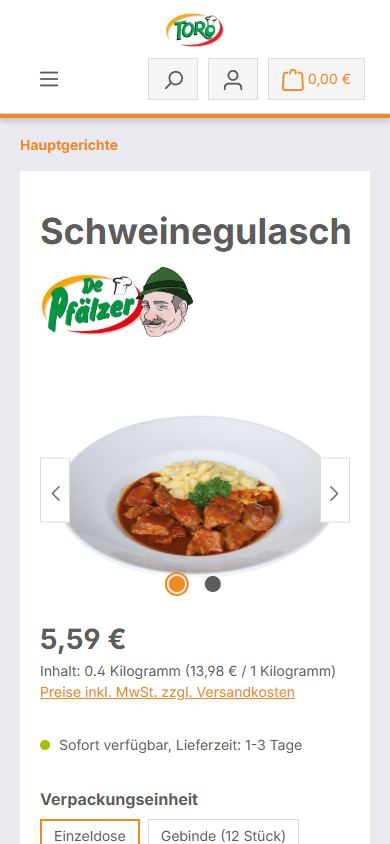 Mobile Produktseite Schweinegulasch mit Preis, Grundpreis und Auswahl Einzeldose oder Gebinde