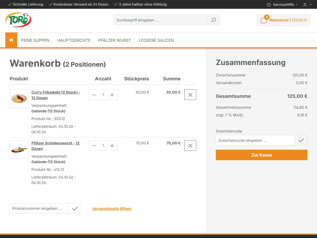 Warenkorb mit zwei Gebinden zu je 12 Dosen und Versandkosten von 0,00 Euro